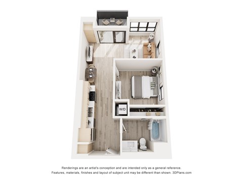 A 3D floor plan of a small apartment with a kitchen, living room, and bathroom.